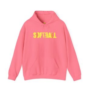 softball graphic hoodie — yellow stitch lettering in softball yellow hooded sweatshirt