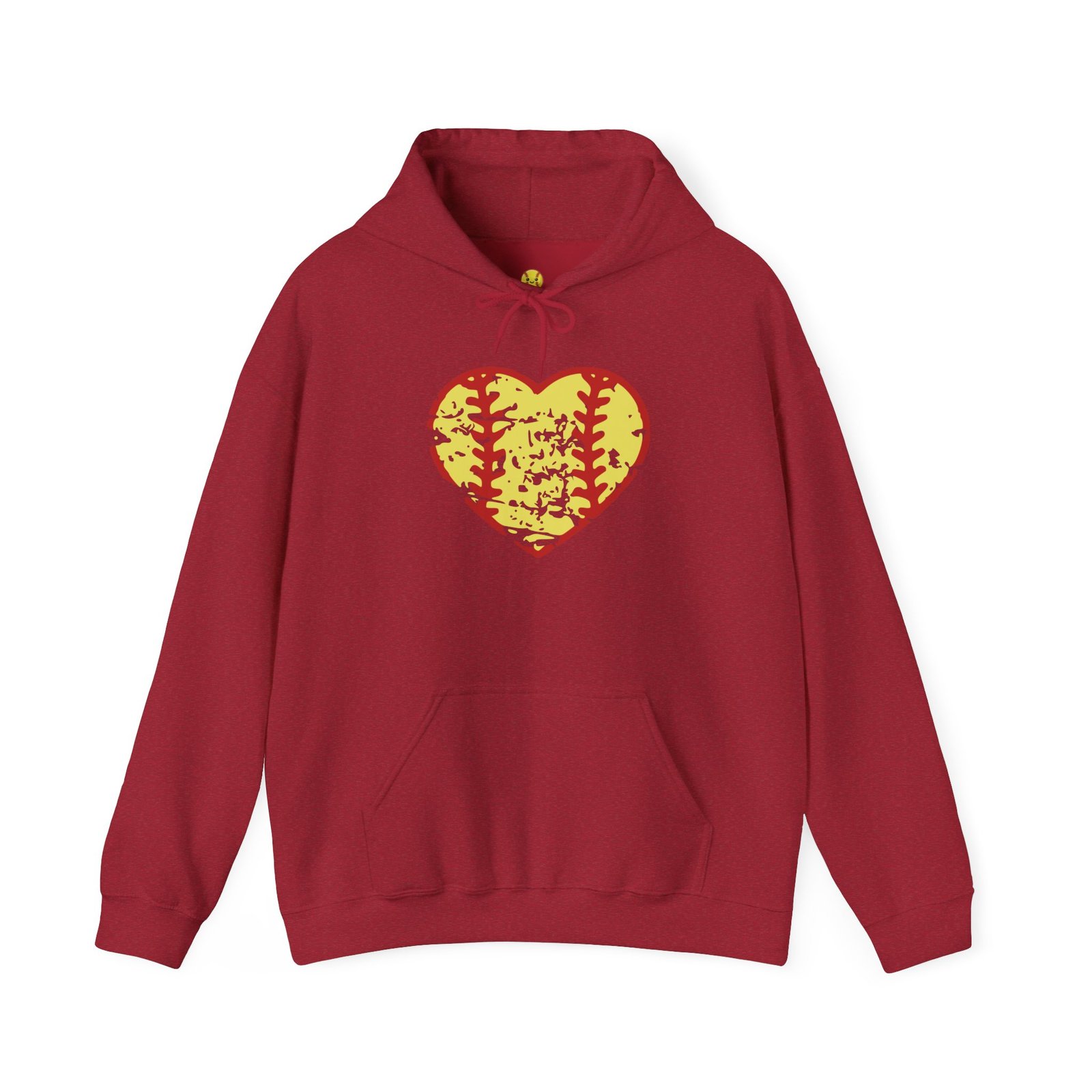 softball heart vintage graphic hoodie — yellow and red retro softball love hooded sweatshirt