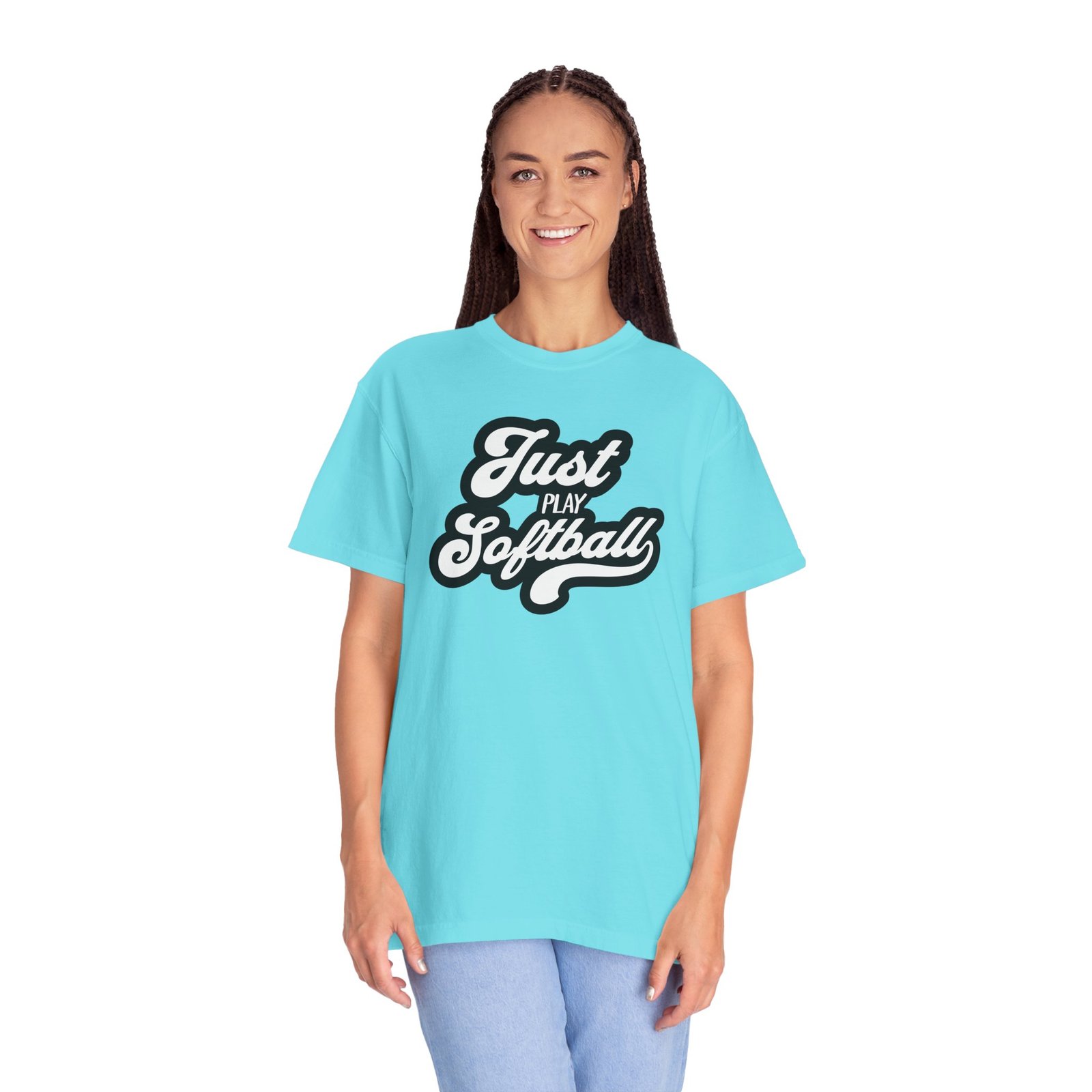 just play softball retro script t‑shirt on comfort colors 1717 tee