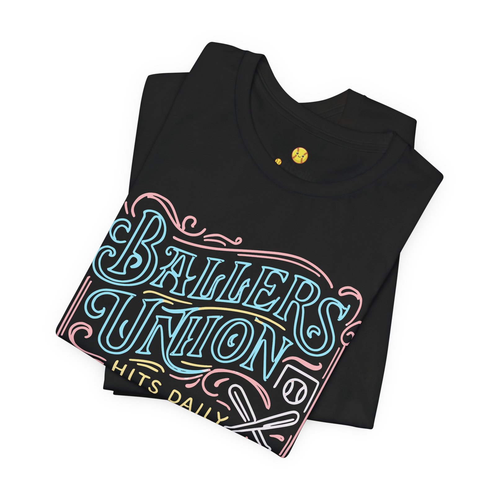 ballers union tee — 'ballers union hits daily' retro neon sign style t‑shirt ballers union tee — 'ballers union hits daily' retro neon sign style t‑shirt
