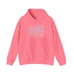 ballers union softball hoodie — 'ballers union hits daily' retro neon sign style hooded sweatshirt