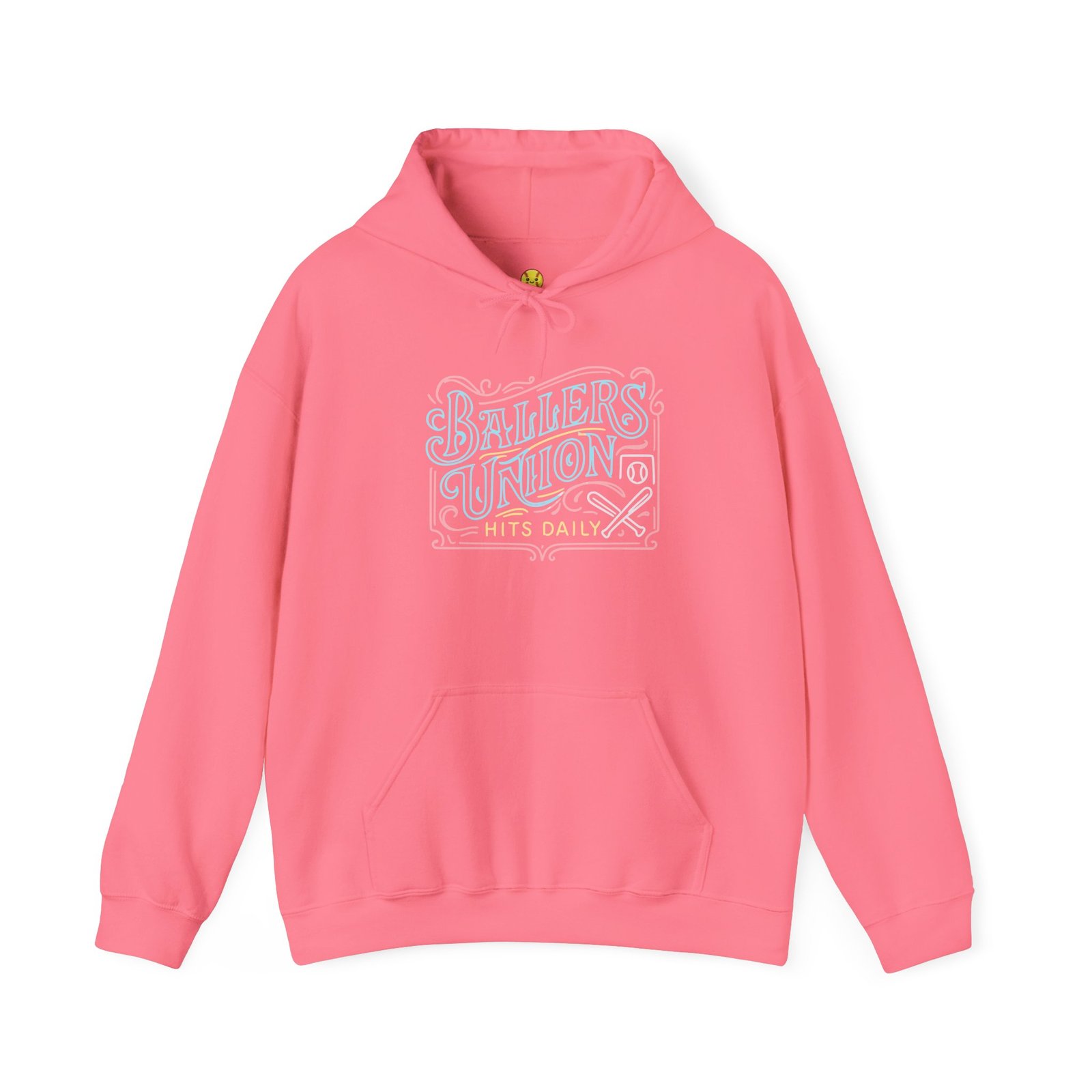 ballers union softball hoodie — 'ballers union hits daily' retro neon sign style hooded sweatshirt