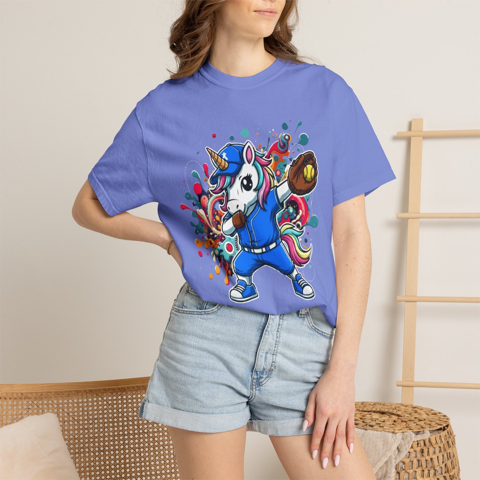 dabbing unicorn softball tee — colorful graphic t shirt design on comfort colors 1717 shirt
