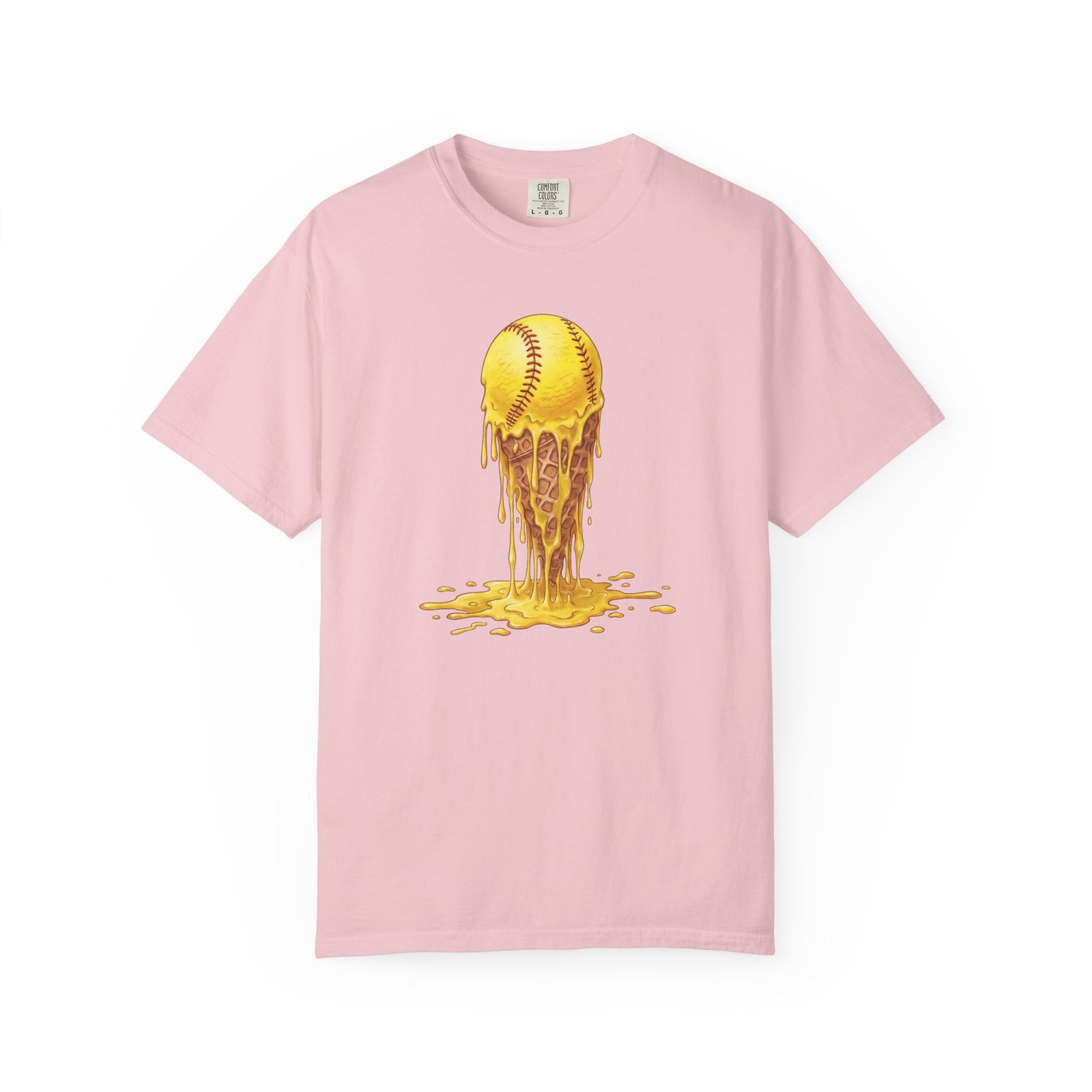 melting softball t‑shirt — dripping softball ice cream graphic on comfort colors 1717 tee