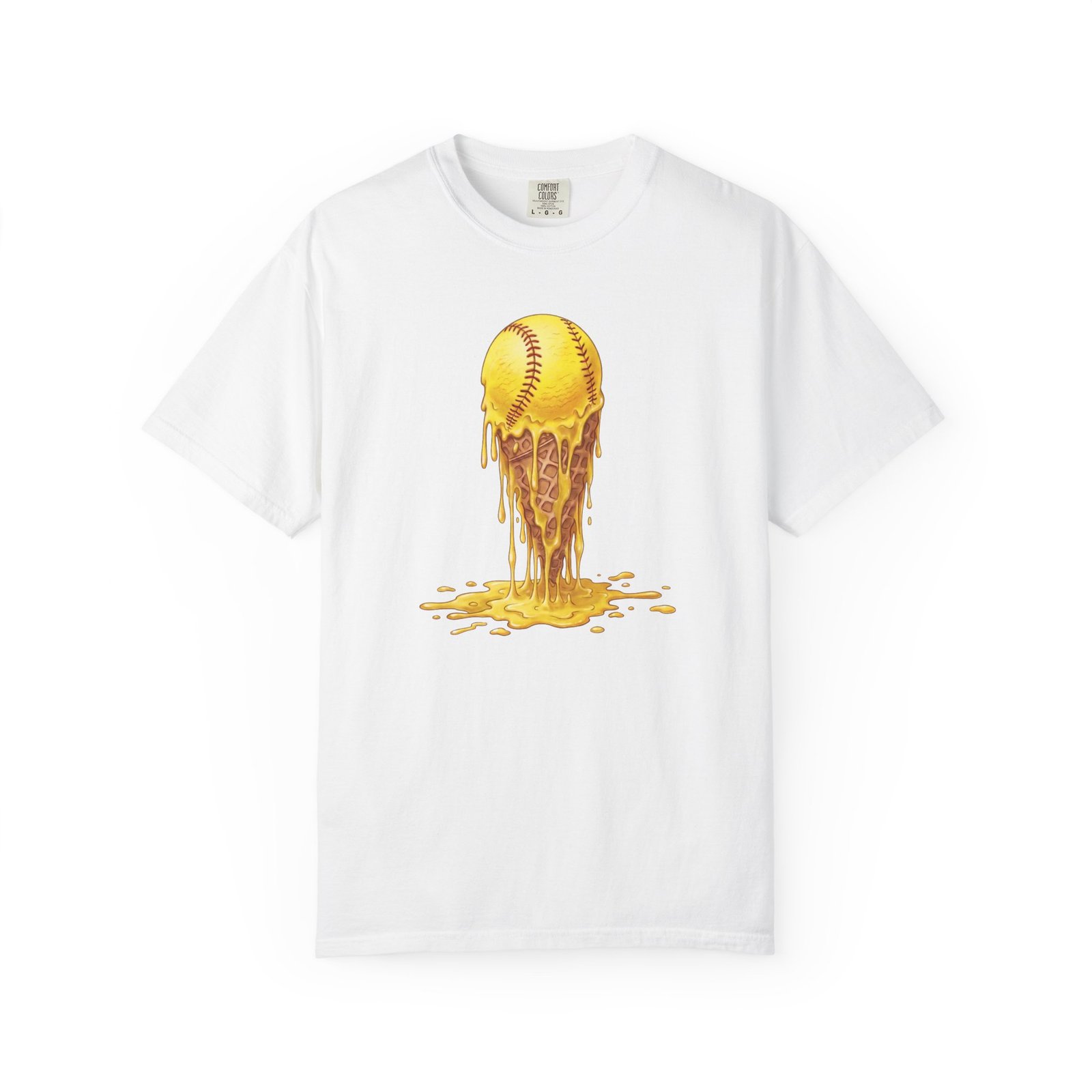 melting softball t‑shirt — dripping softball ice cream graphic on comfort colors 1717 tee
