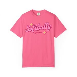 softbally “let’s go!” tee — bubble gum retro softball design on comfort colors 1717 t shirt