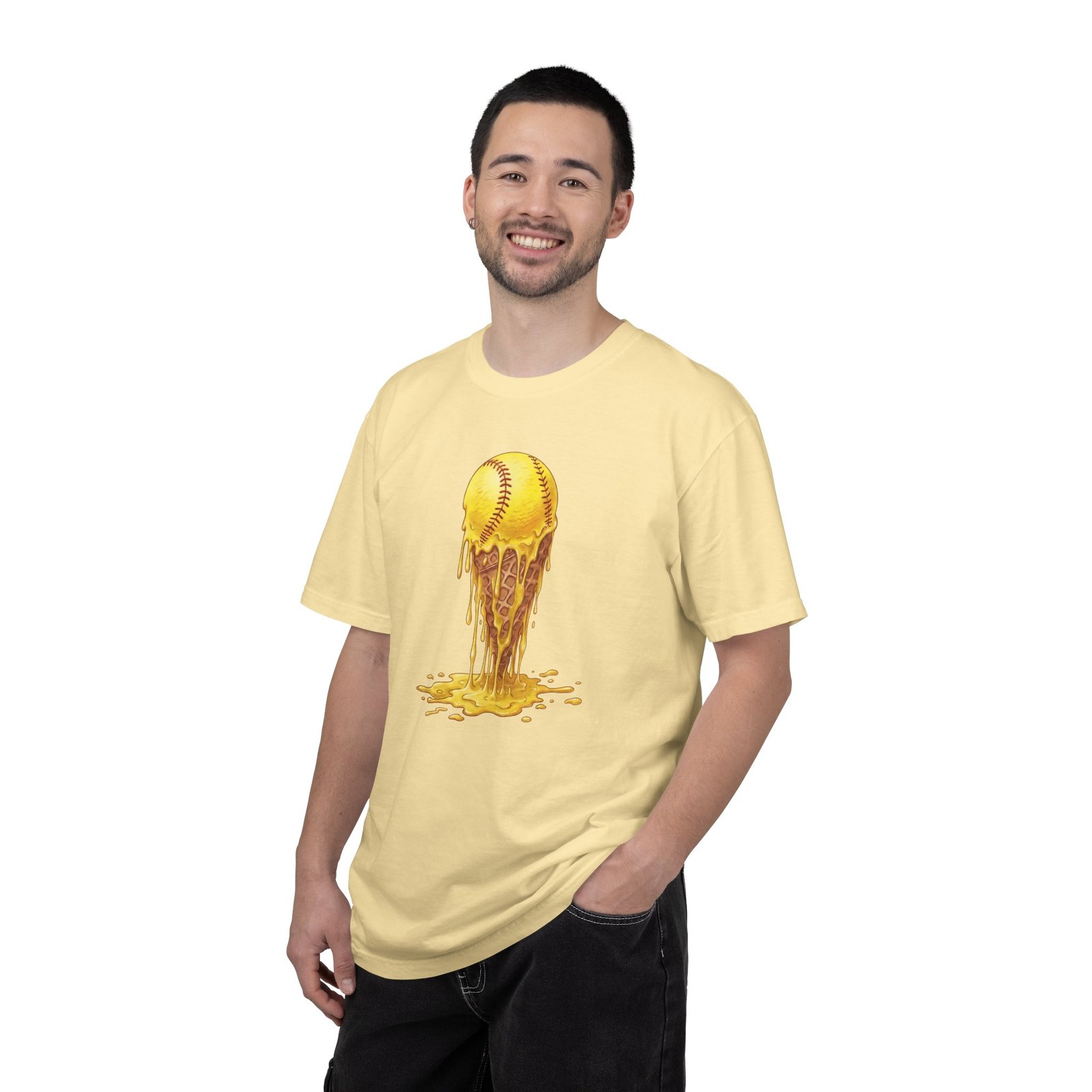 melting softball t‑shirt — dripping softball ice cream graphic on comfort colors 1717 tee