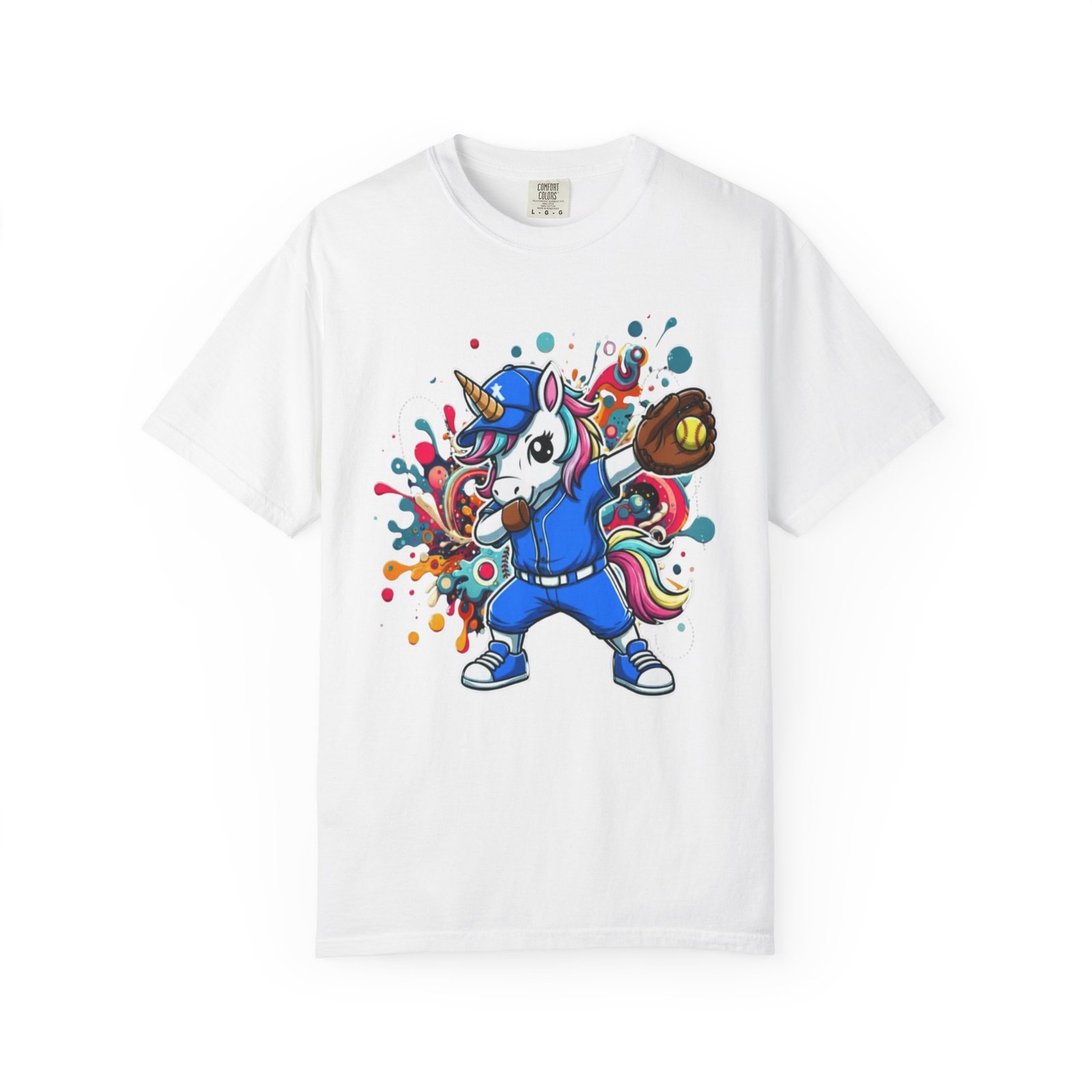 dabbing unicorn softball tee — colorful graphic t shirt design on comfort colors 1717 shirt