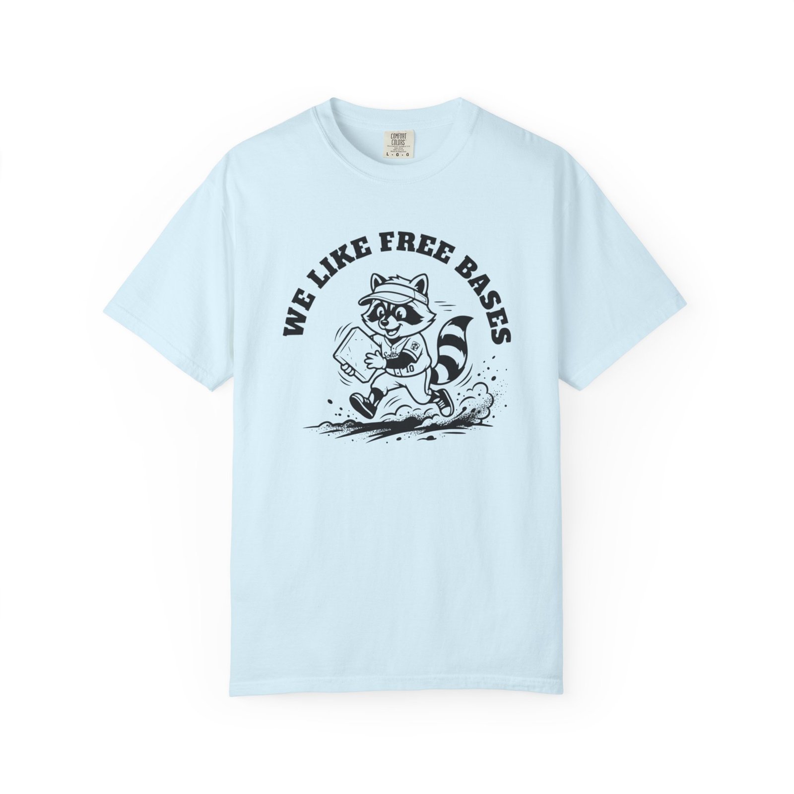 we like free bases softball raccoon graphic on comfort colors 1717 tee