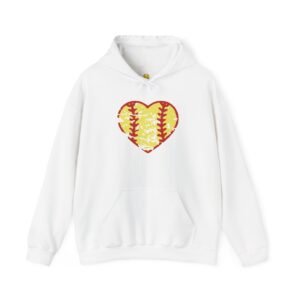 softball heart vintage graphic hoodie — yellow and red retro softball love hooded sweatshirt