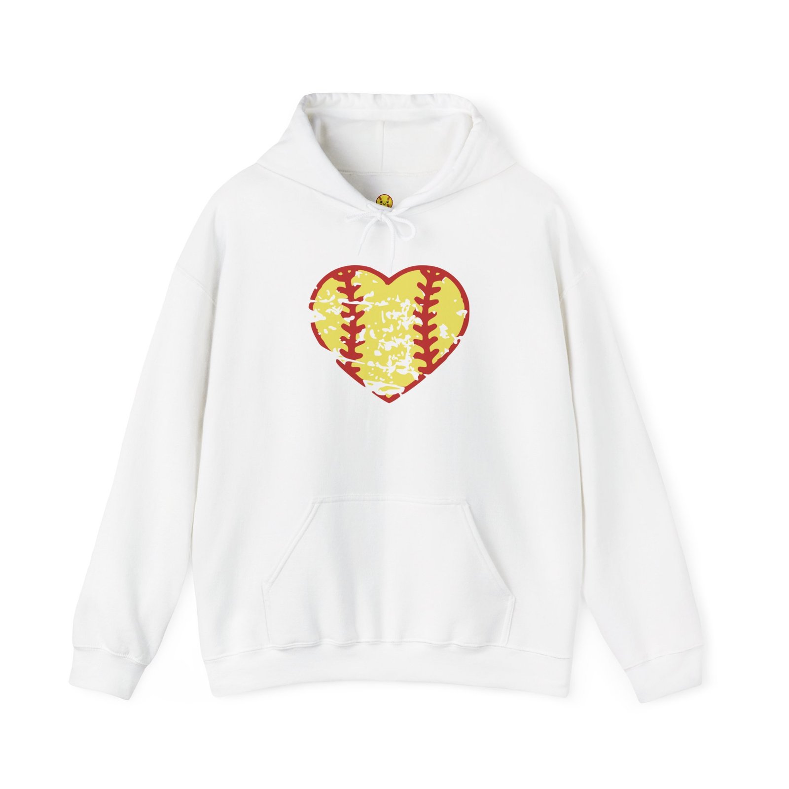 softball heart vintage graphic hoodie — yellow and red retro softball love hooded sweatshirt
