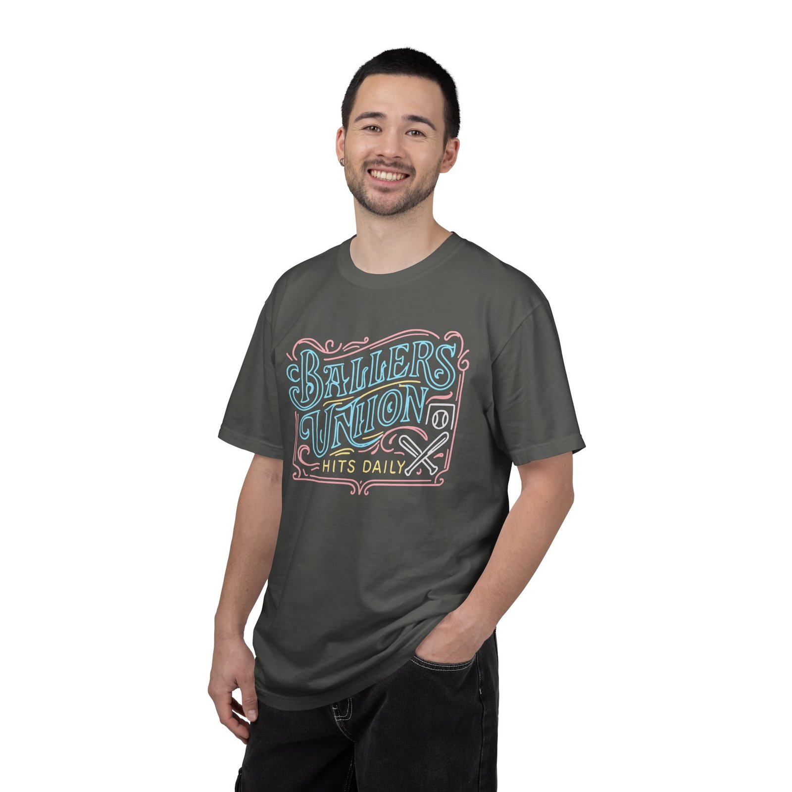 ballers union tee — 'ballers union hits daily' retro neon sign style design on comfort colors 1717 t‑shirt