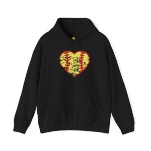 softball heart vintage graphic hoodie — yellow and red retro softball love hooded sweatshirt