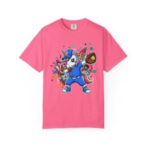 dabbing unicorn softball tee — colorful graphic t shirt design on comfort colors 1717 shirt