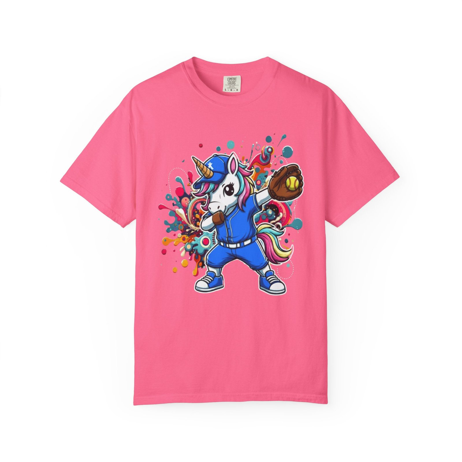 dabbing unicorn softball tee — colorful graphic t shirt design on comfort colors 1717 shirt