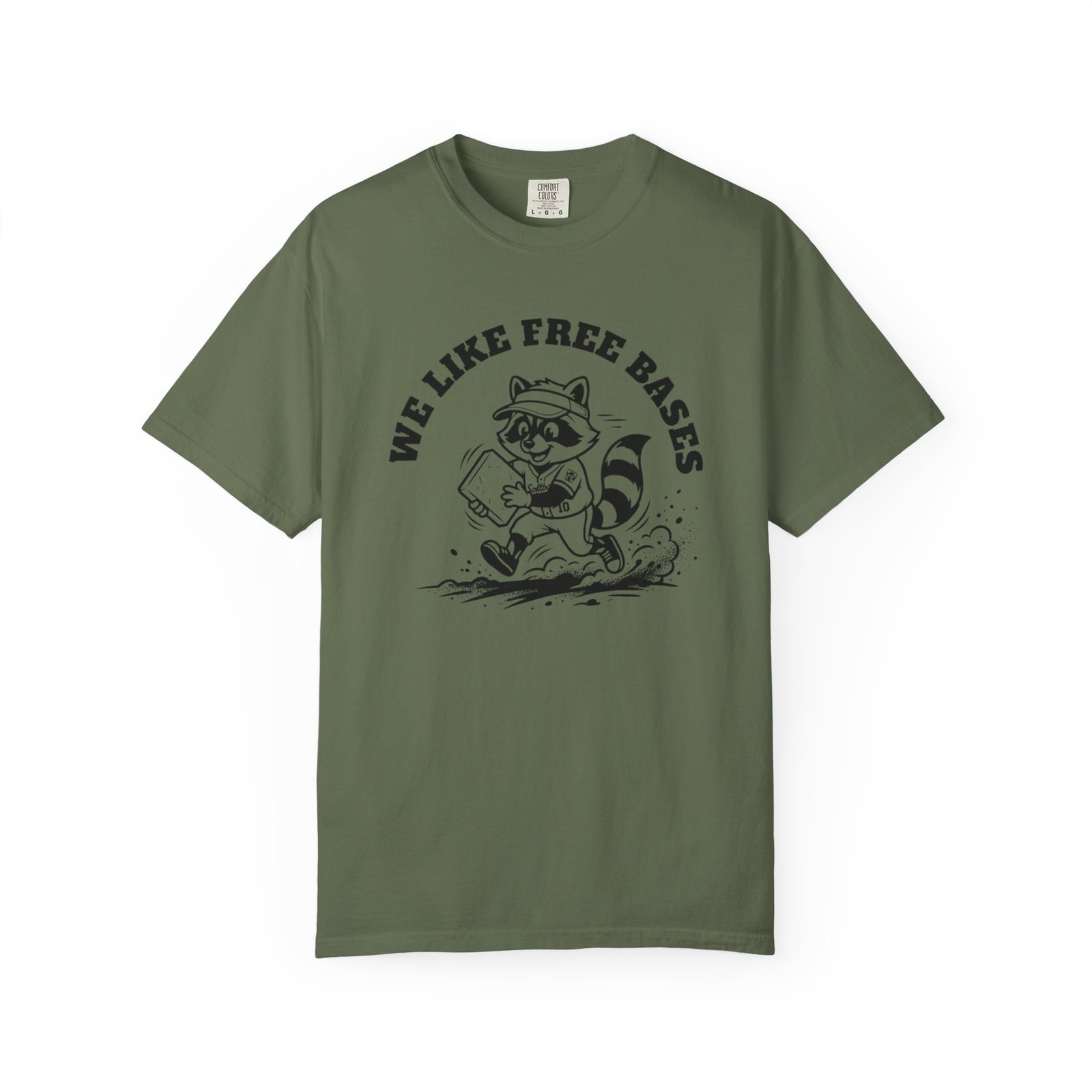 we like free bases softball raccoon graphic on comfort colors 1717 tee