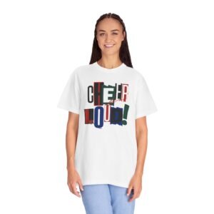 cheer loud! graphic tee — bold retro scrapbooking style design on comfort colors 1717 tee
