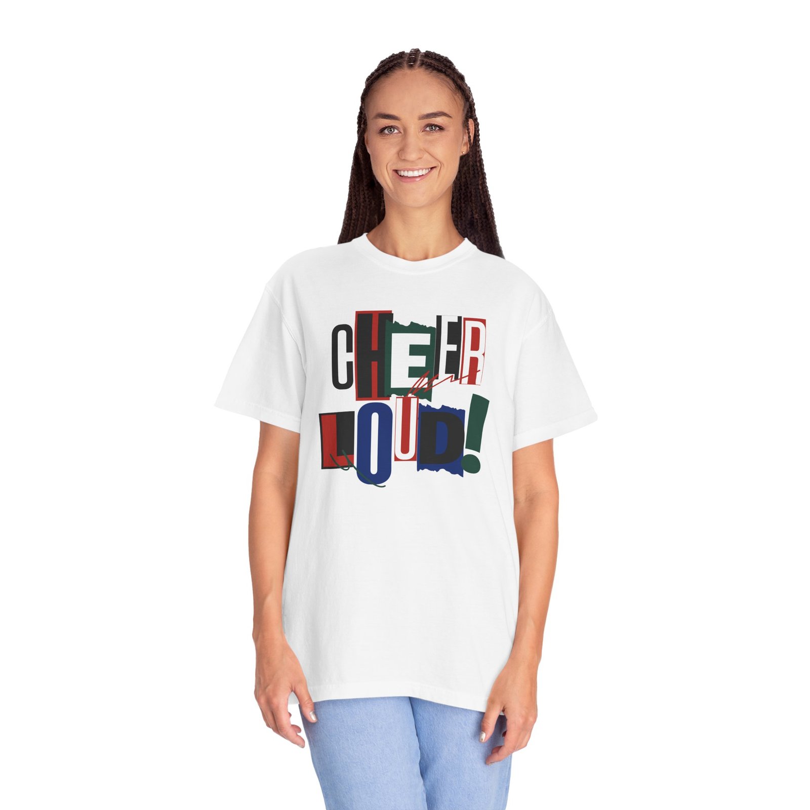 cheer loud! graphic tee — bold retro scrapbooking style design on comfort colors 1717 tee
