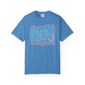ballers union tee — 'ballers union hits daily' retro neon sign style design on comfort colors 1717 t‑shirt