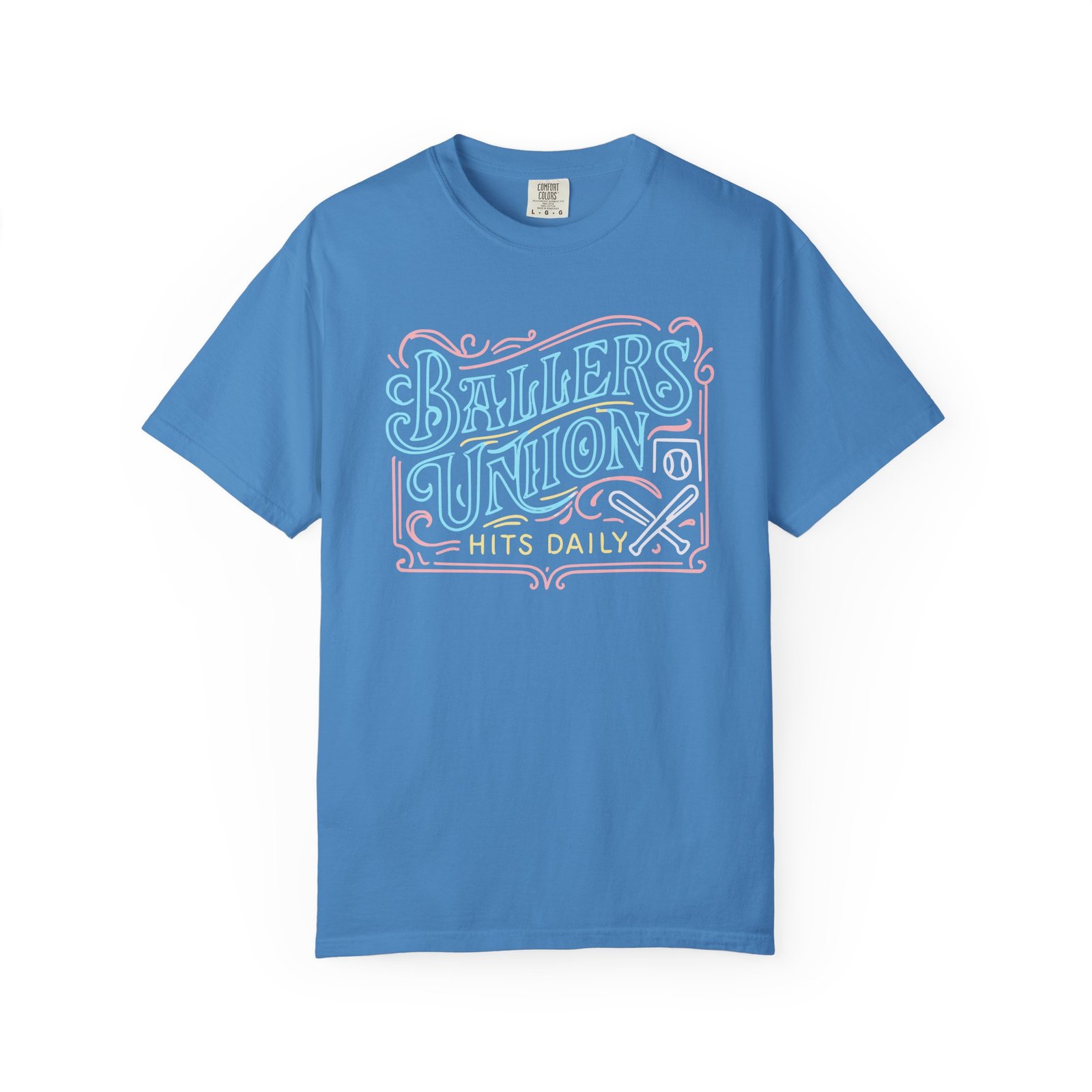ballers union tee — 'ballers union hits daily' retro neon sign style design on comfort colors 1717 t‑shirt