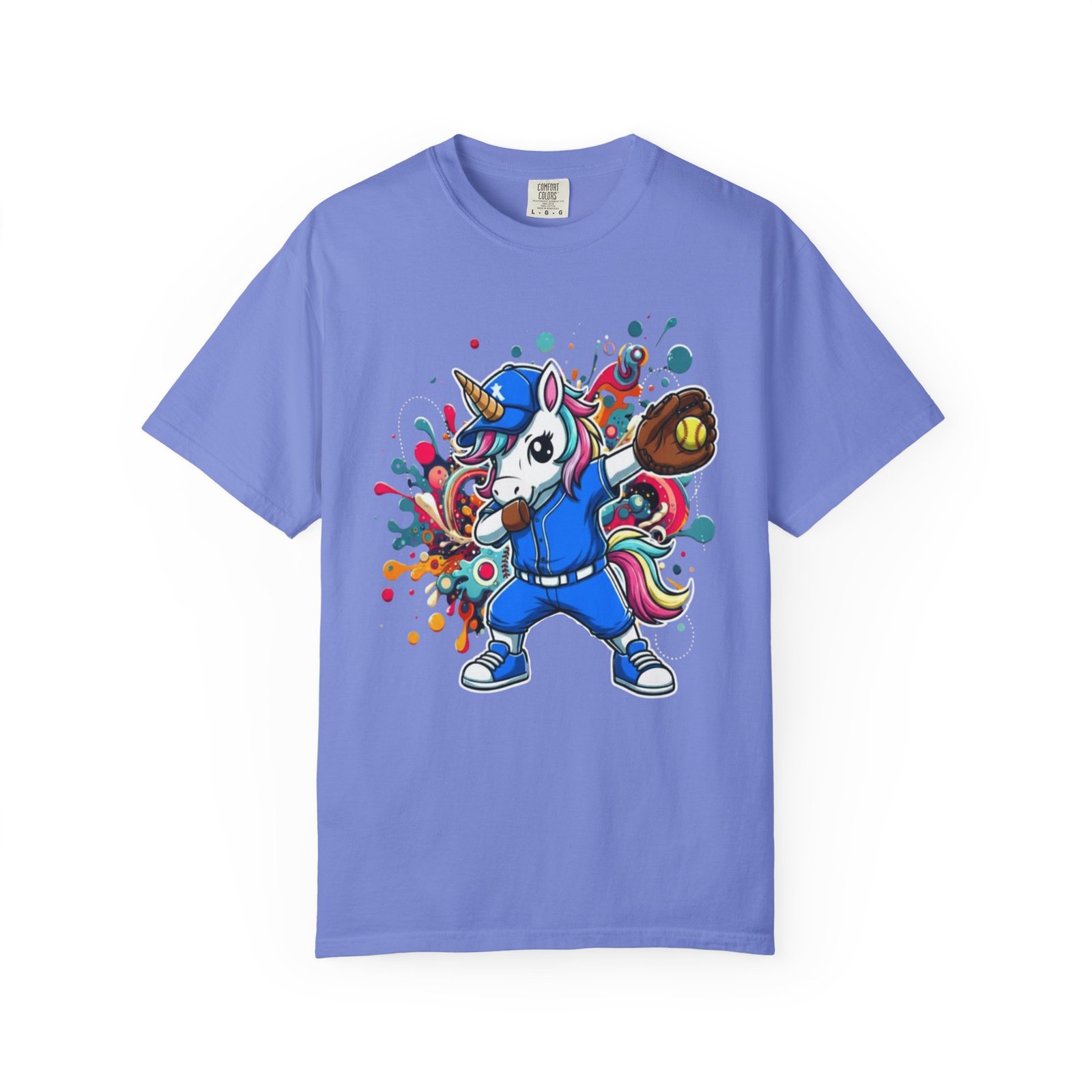 dabbing unicorn softball tee — colorful graphic t shirt design on comfort colors 1717 shirt