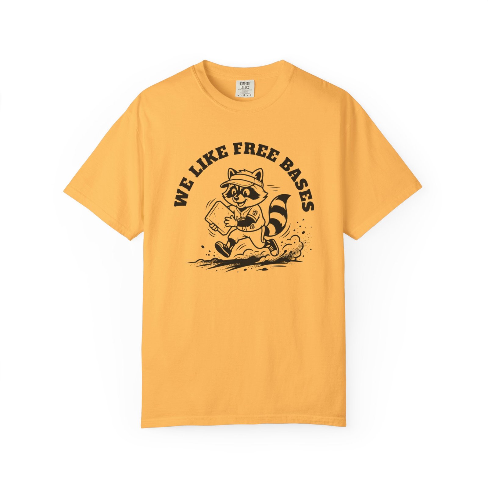 we like free bases softball raccoon graphic on comfort colors 1717 tee