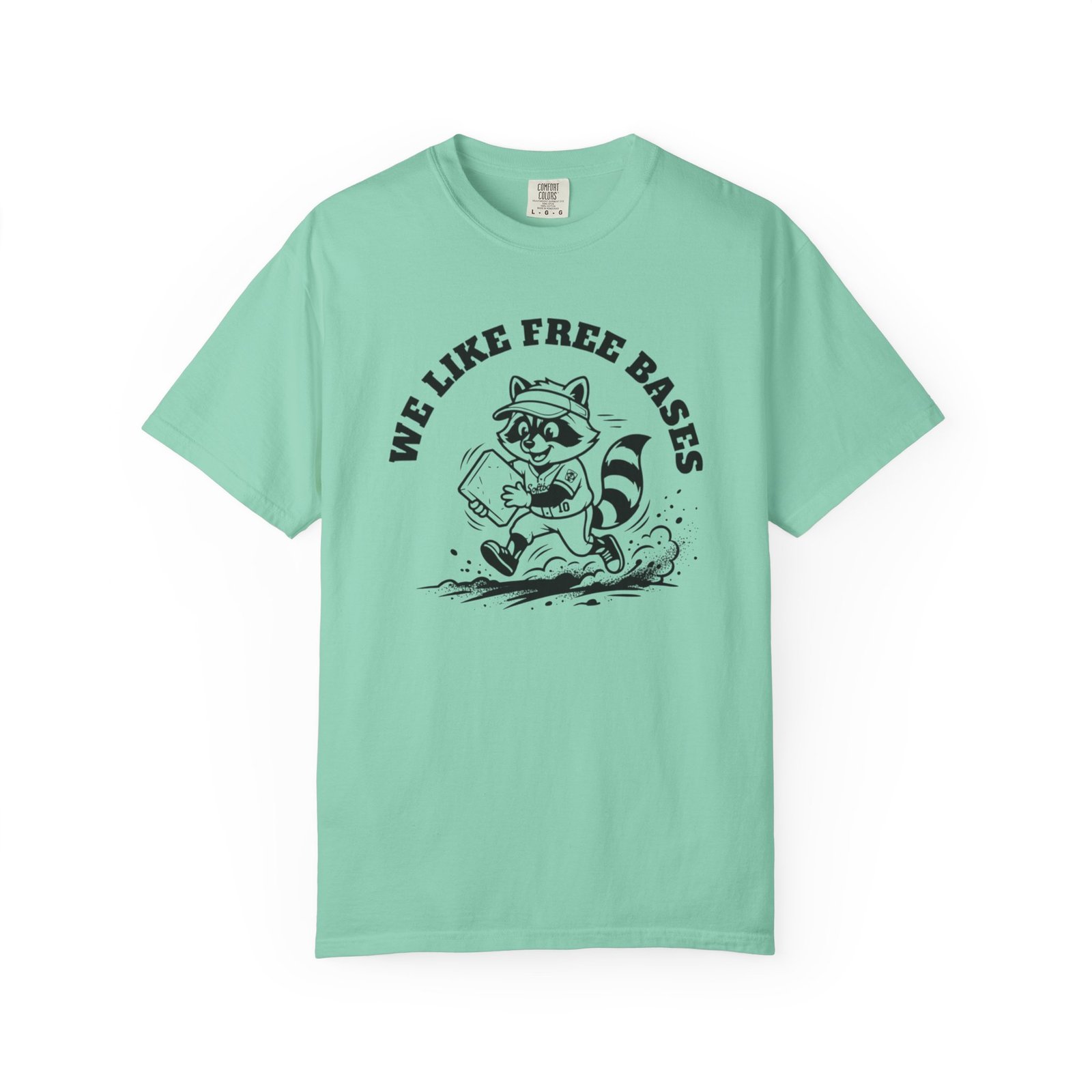 we like free bases softball raccoon graphic on comfort colors 1717 tee