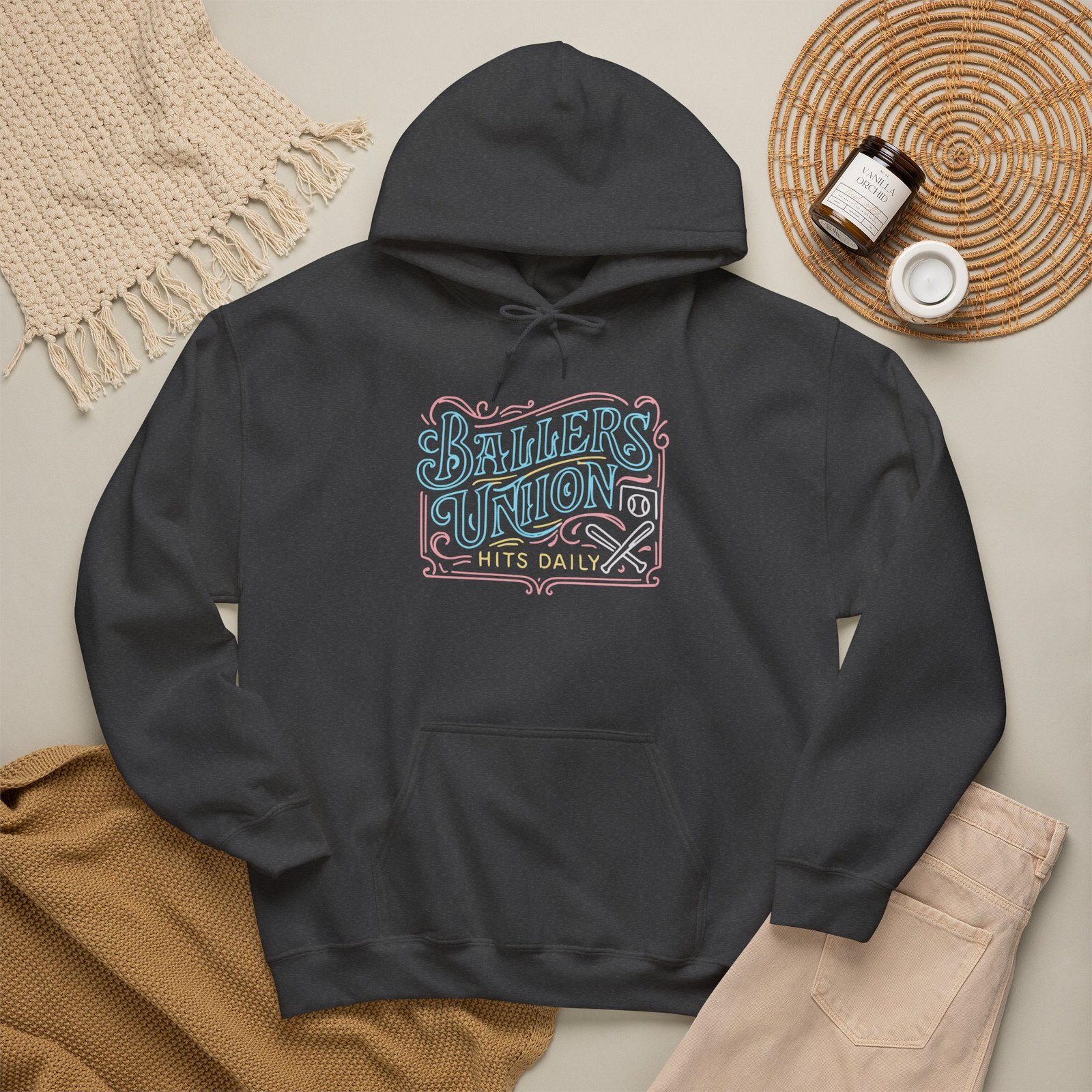ballers union softball hoodie — 'ballers union hits daily' retro neon sign style hooded sweatshirt