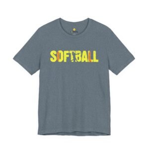 softball graphic tee — yellow stitch lettering in softball yellow tee shirt