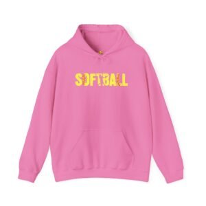 softball graphic hoodie — yellow stitch lettering in softball yellow hooded sweatshirt