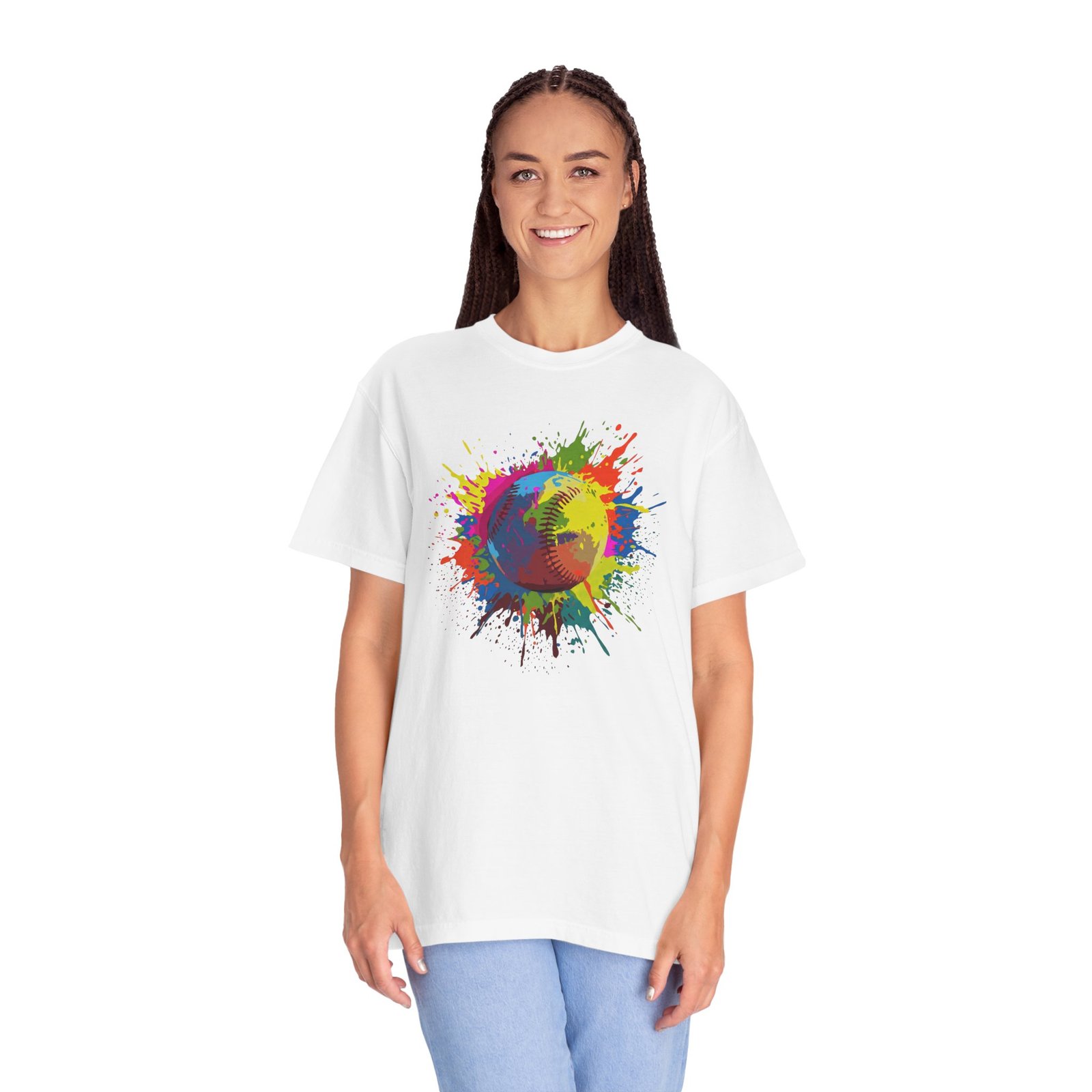 color splash softball tee — vibrant crewneck softball graphic on comfort colors 1717 shirt
