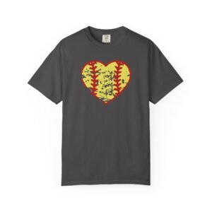 softball heart vintage graphic tee — yellow and red warn retro softball love design on comfort colors 1717 t‑shirt