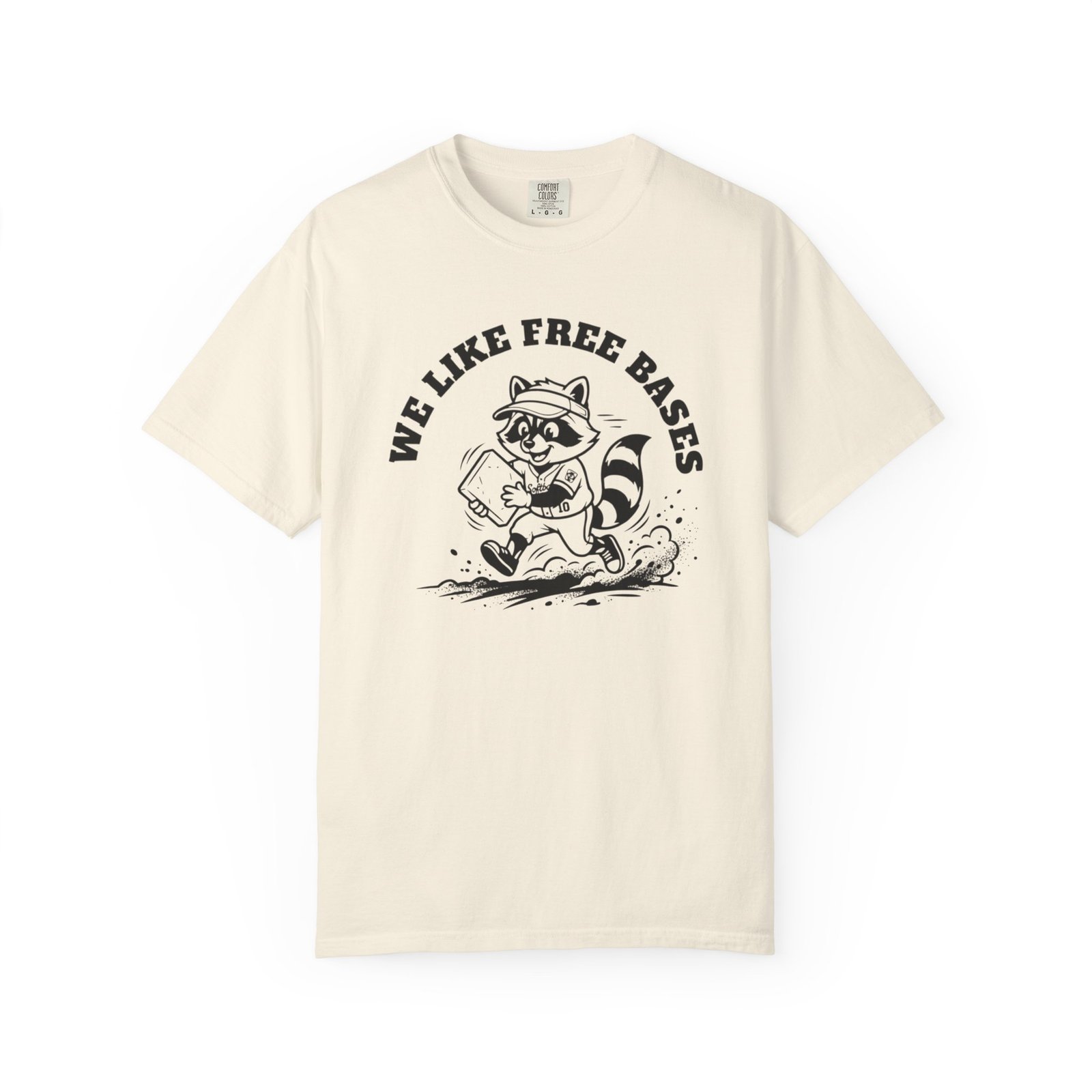 we like free bases softball raccoon graphic on comfort colors 1717 tee