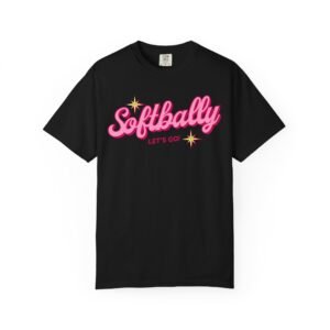 softbally “let’s go!” tee — bubble gum retro softball design on comfort colors 1717 t shirt
