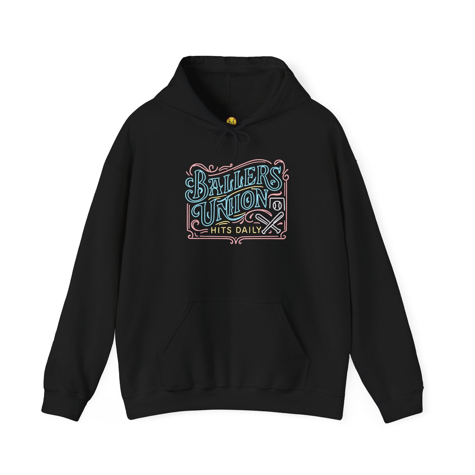 ballers union softball hoodie — 'ballers union hits daily' retro neon sign style hooded sweatshirt