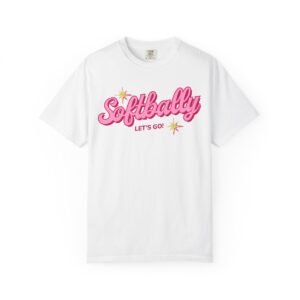 softbally “let’s go!” tee — bubble gum retro softball design on comfort colors 1717 t shirt