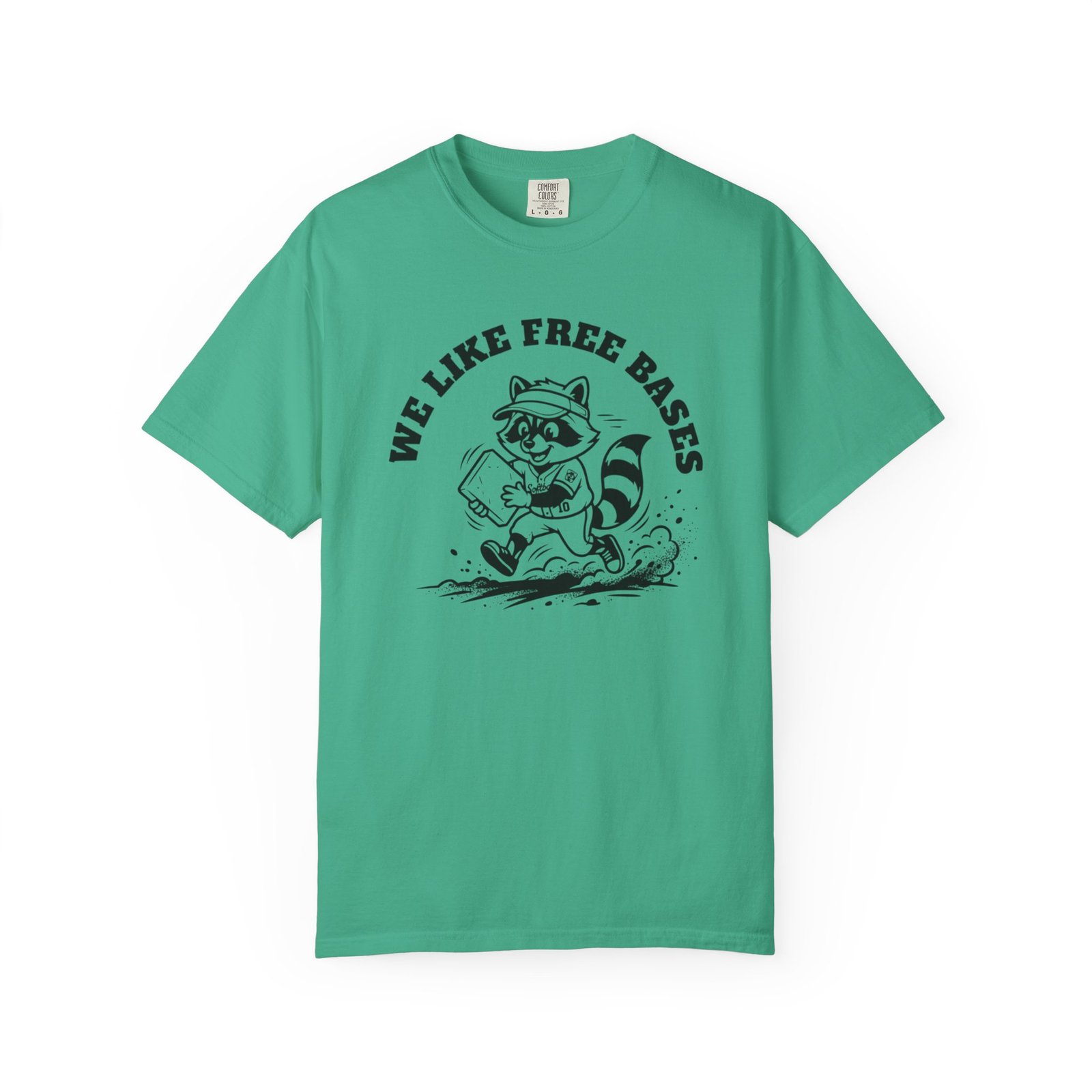 we like free bases softball raccoon graphic on comfort colors 1717 tee