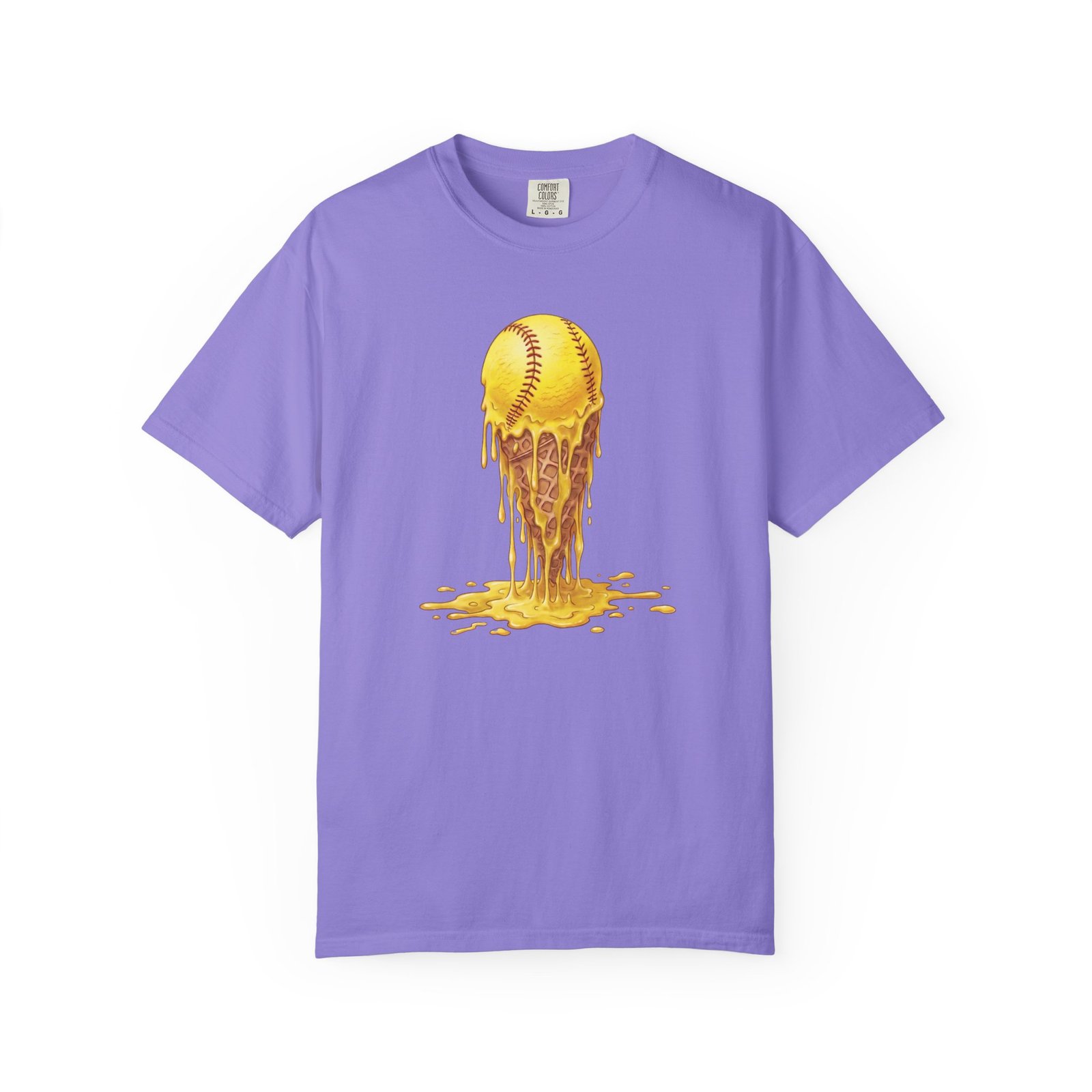 melting softball t‑shirt — dripping softball ice cream graphic on comfort colors 1717 tee