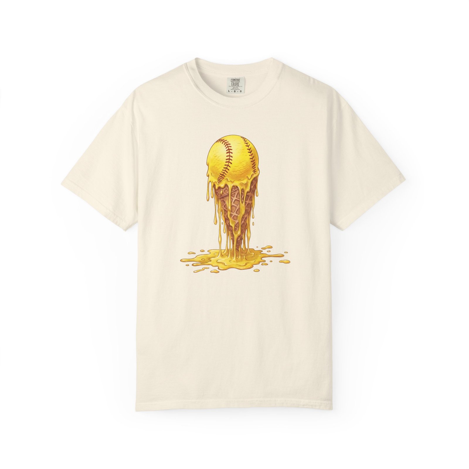 melting softball t‑shirt — dripping softball ice cream graphic on comfort colors 1717 tee