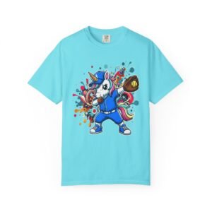 dabbing unicorn softball tee — colorful graphic t shirt design on comfort colors 1717 shirt