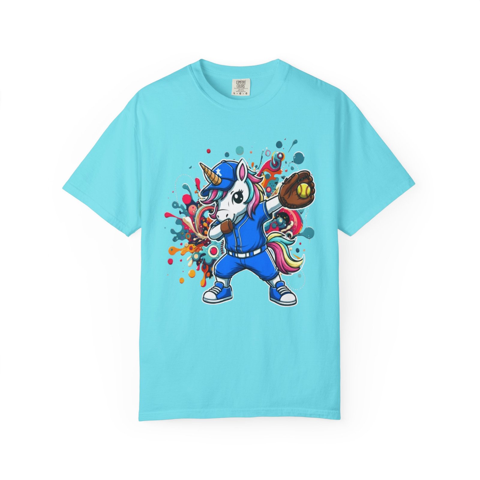 dabbing unicorn softball tee — colorful graphic t shirt design on comfort colors 1717 shirt