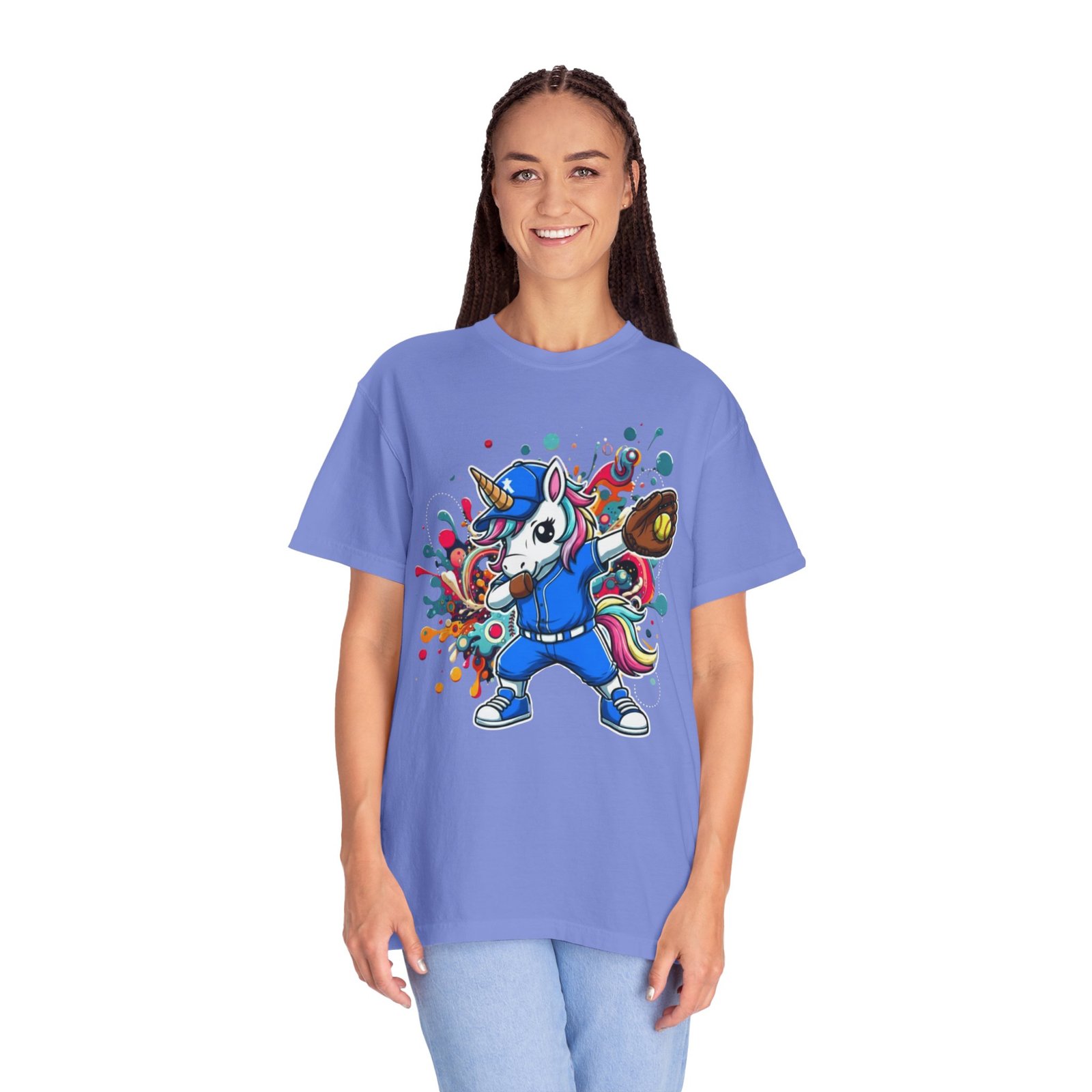 dabbing unicorn softball tee — colorful graphic t shirt design on comfort colors 1717 shirt
