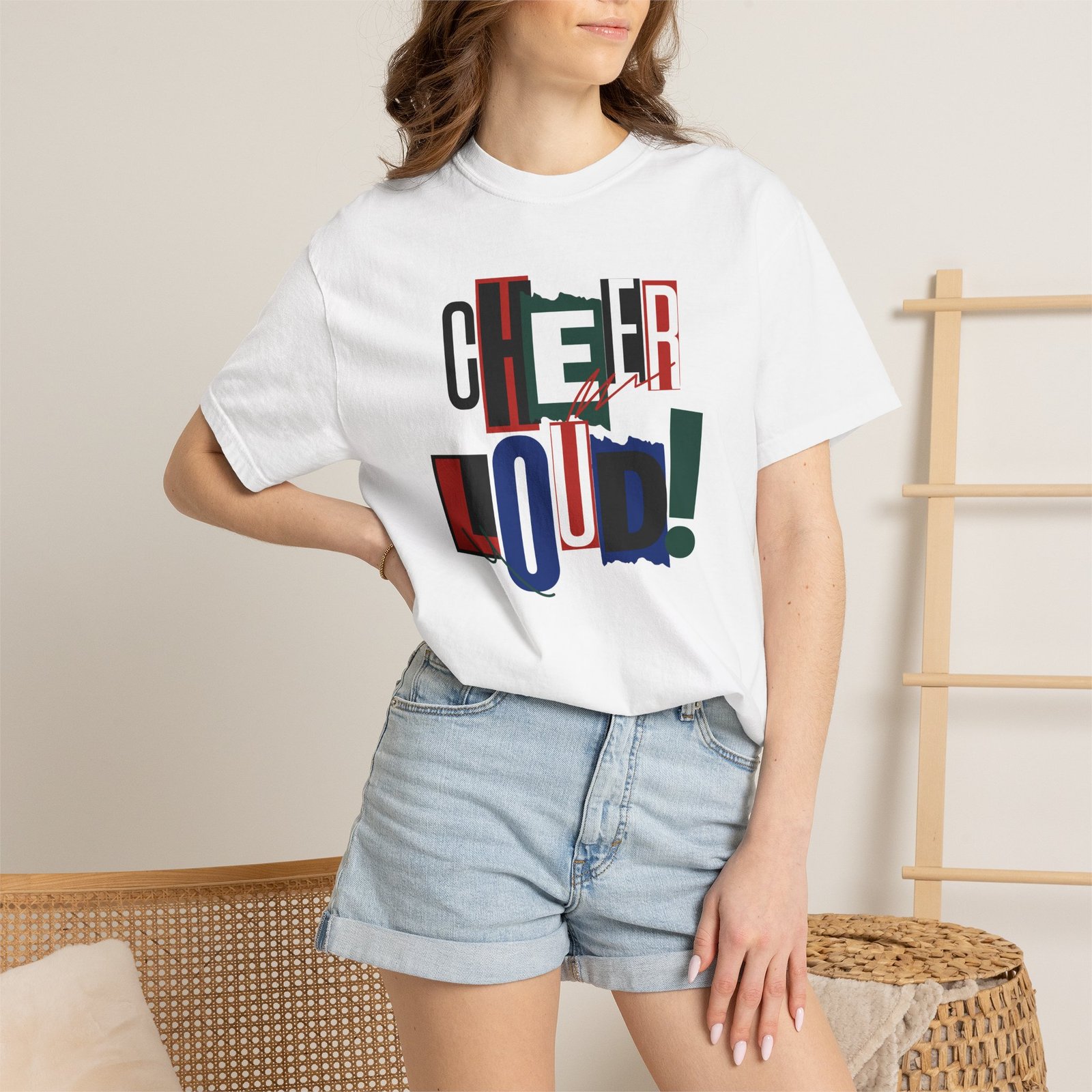 cheer loud! graphic tee — bold retro scrapbooking style design on comfort colors 1717 tee