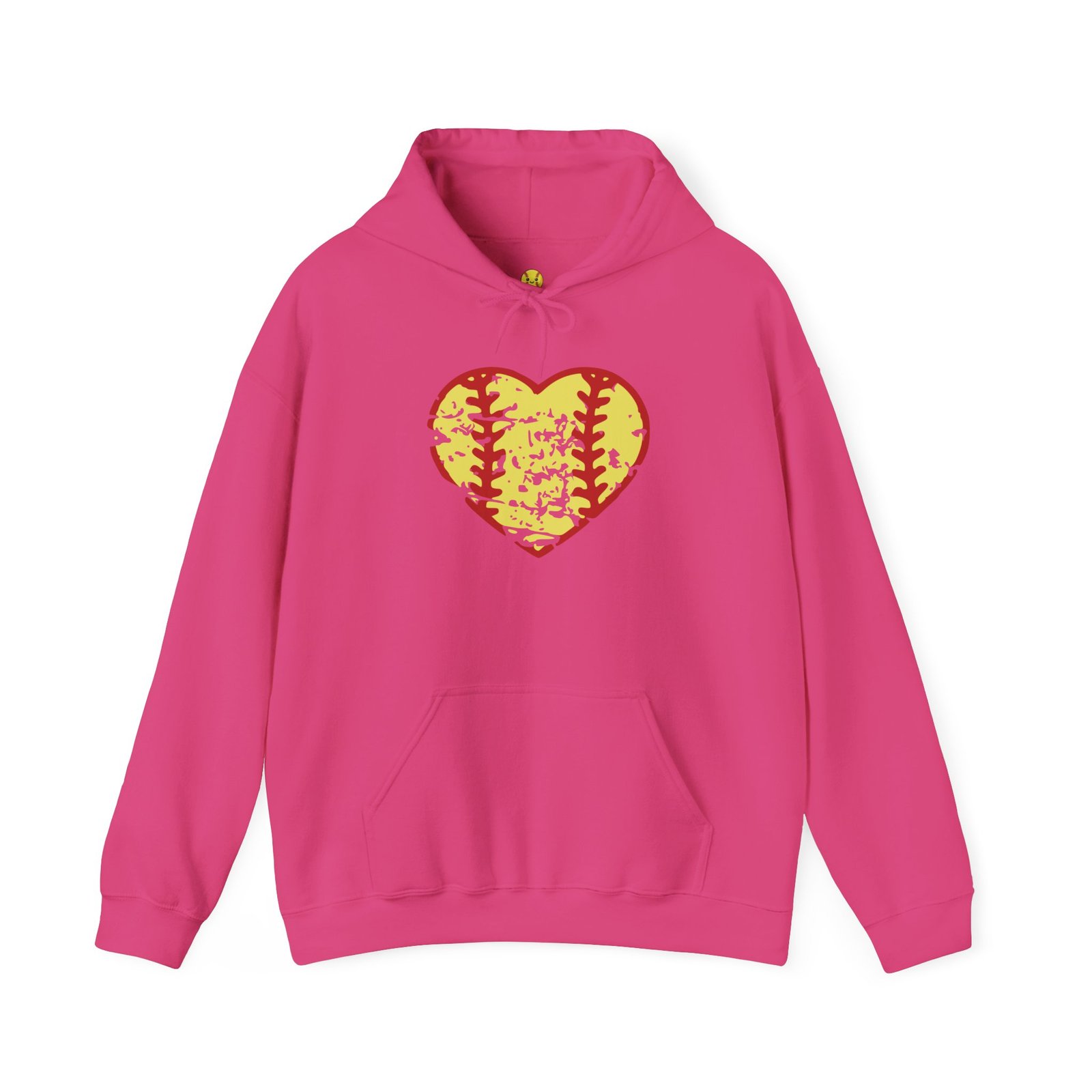 softball heart vintage graphic hoodie — yellow and red retro softball love hooded sweatshirt