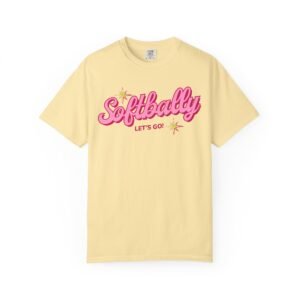 softbally “let’s go!” tee — bubble gum retro softball design on comfort colors 1717 t shirt