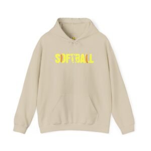 softball graphic hoodie — yellow stitch lettering in softball yellow hooded sweatshirt