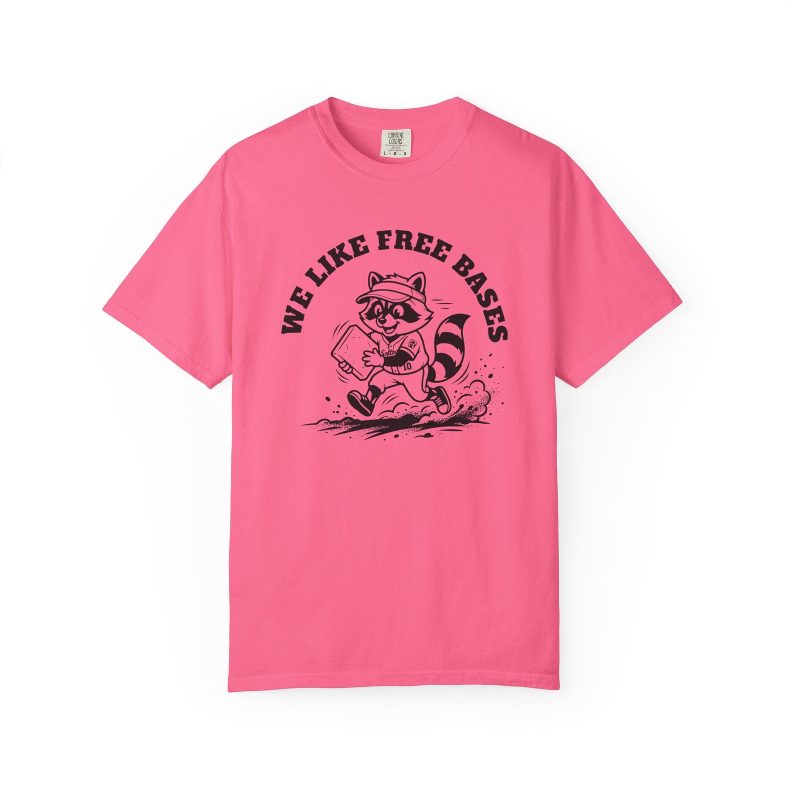 we like free bases softball raccoon graphic on comfort colors 1717 tee