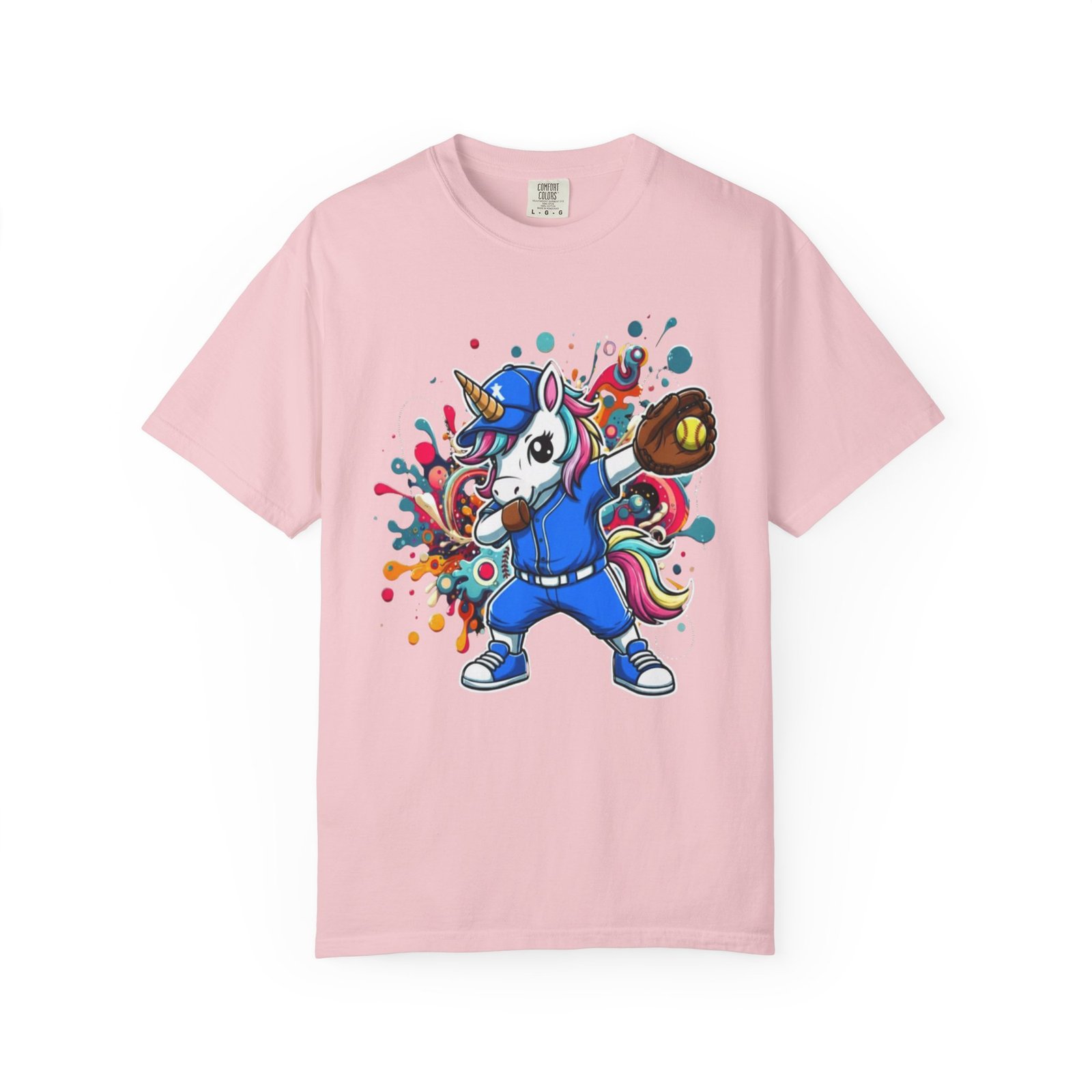 dabbing unicorn softball tee — colorful graphic t shirt design on comfort colors 1717 shirt