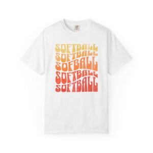 softball retro t‑shirt — vintage sunset gradient softball graphic on comfort colors 1717 tee