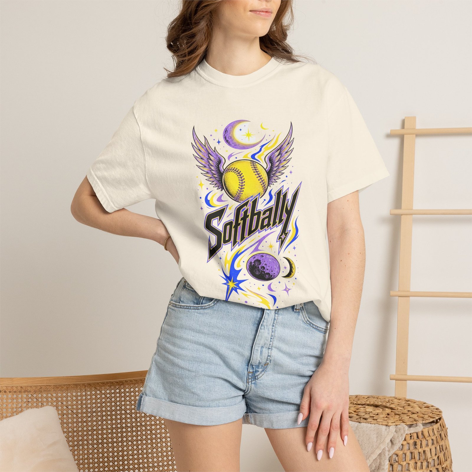 Softball Wings T-Shirt — 'Softbally' Cosmic Graphic on Comfort Colors 1717 Tee - Image 3